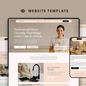 May include: Website template design featuring a professional home cleaning service. The design includes a desktop and mobile view, showcasing the company's services with a clean and modern aesthetic. The text reads "Professional Home Cleaning That Brings Order Calm & a Fresh."