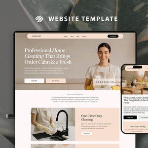 May include: A website template design for a professional home cleaning service, displayed on a laptop and a smartphone. The website features a clean, modern layout with images of cleaning staff and service descriptions. The text reads "Professional Home Cleaning That Brings Order Calm & a Fresh."