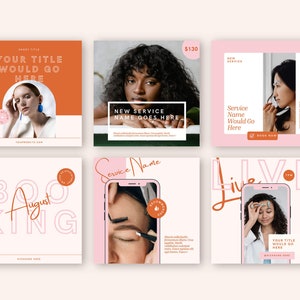 May include: Six Instagram post templates for a beauty business. The templates feature a pink and orange color scheme with images of women receiving beauty treatments. The text on the templates includes "New Service", "Booking", "Live", and "$130".