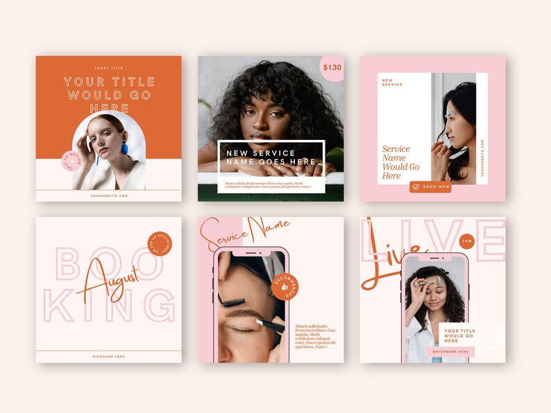 May include: Six Instagram post templates for a beauty business. The templates feature a pink and orange color scheme with images of women receiving beauty treatments. The text on the templates includes "New Service", "Booking", "Live", and "$130".