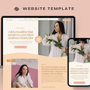 May include: A website template design displayed on a laptop and smartphone. The design features a woman holding flowers, with text that reads "WEBSITE TEMPLATE" and "Add a headline that speaks to your ideal audience etiam ider."