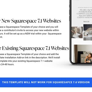 K&ouml;nnte beinhalten: Ein Screenshot einer Website mit einem blauen Button, auf dem "THIS TEMPLATE WILL NOT WORK FOR SQUARESAPCE 7.0 VERSION" steht. Der Text &uuml;ber dem Button erkl&auml;rt, dass diese Vorlage f&uuml;r Squarespace 7.1-Websites gedacht ist und f&uuml;r neue oder bestehende Websites verwendet werden kann.