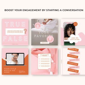 May include: A collection of nine Instagram post templates with pink and orange backgrounds. The templates feature text such as "True or False", "Pick Your Favorite", "Ask Me Anything", and "Booking".