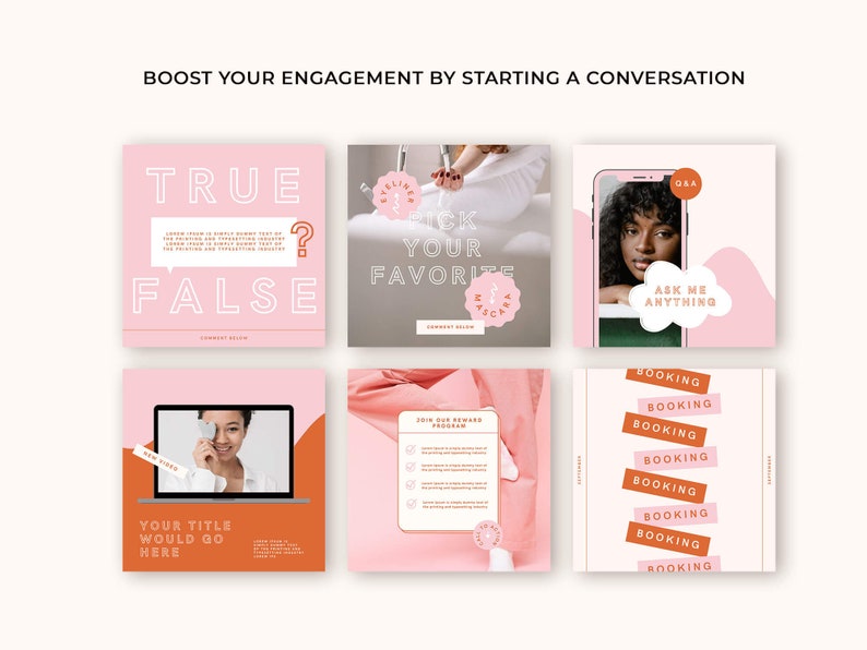 May include: A collection of nine Instagram post templates with pink and orange backgrounds. The templates feature text such as "True or False", "Pick Your Favorite", "Ask Me Anything", and "Booking".