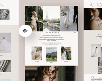 May include: A website homepage for a photographer specializing in wedding photography. The website features a white background with black text and images of brides and wedding scenes. The text includes the photographer's name, "Alexa", and the phrase "A photographer capturing life's most beautiful moments and creating timeless memories."