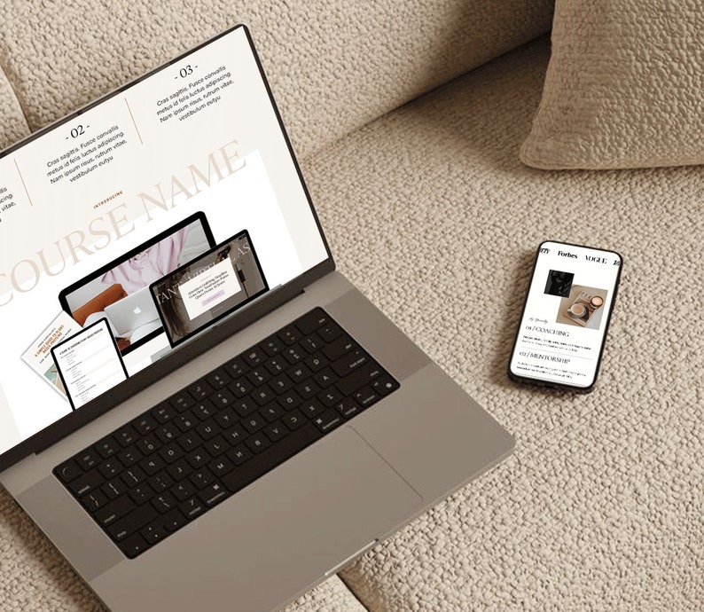 May include: A silver laptop with a black keyboard displays a presentation titled "COURSE NAME" with multiple screens. A smartphone next to the laptop shows a webpage with the text "Forbes" and "Vogue". The devices are on a beige textured surface.