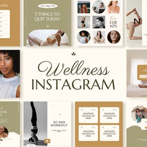 80 Wellness Instagram Post Templates | Yoga yellow health business social media Feed nutrition Entrepreneur Holistic coach therapy Canva