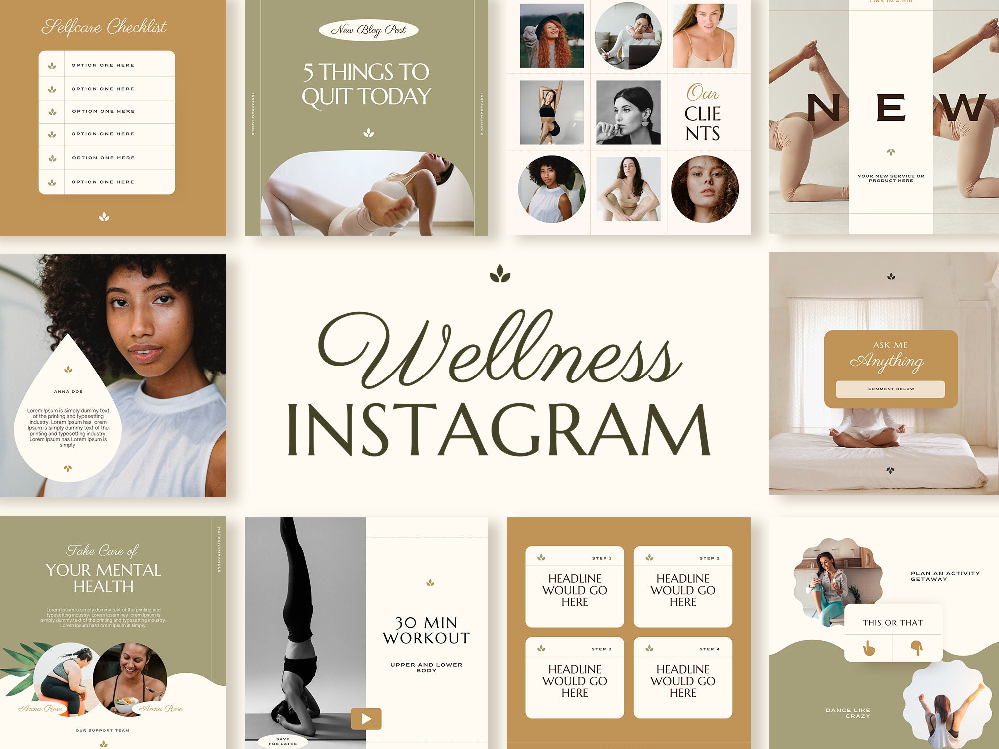 80 Wellness Instagram Post Templates Yoga Yellow Health Business Social