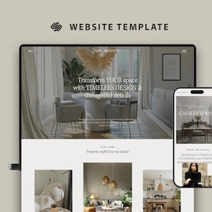 May include: A website template displayed on a laptop and smartphone. The laptop screen shows a website with the text "VIVIENNE" and "Transform YOUR space with TIMELESS DESIGN & thoughtful details." The smartphone displays "CALISTATORNE".