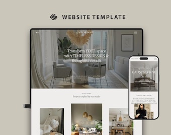 May include: A website template displayed on a laptop and smartphone. The laptop screen shows a website with the text "VIVIENNE" and "Transform YOUR space with TIMELESS DESIGN & thoughtful details." The smartphone displays "CALISTATORNE".