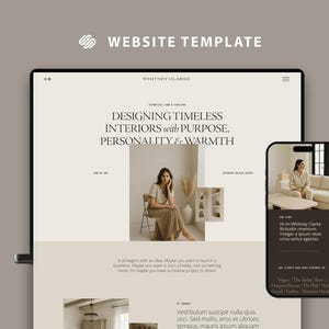May include: A website template displayed on a laptop and smartphone. The laptop screen shows a website design with the text "DESIGNING TIMELESS INTERIORS with PURPOSE, PERSONALITY & WARMTH." The smartphone displays a different view of the website.