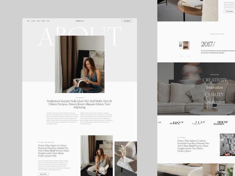 K&ouml;nnte beinhalten: Eine Website-Startseite f&uuml;r ein Innenarchitektur-Unternehmen namens Isabella. Die Website zeigt ein Foto einer Frau, die ein Buch liest, ein Foto eines Wohnzimmers und Text &uuml;ber die Werte des Unternehmens, darunter Kreativit&auml;t, Innovation, Qualit&auml;t und Zusammenarbeit.