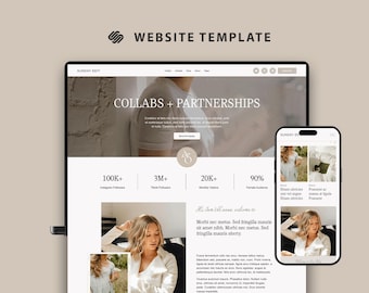 May include: A website template displayed on a laptop and smartphone. The website features the text "COLLABS + PARTNERSHIPS" and statistics including "100K+ Instagram Followers" and "3M+ TikTok Followers". The phone shows a mobile version of the website.