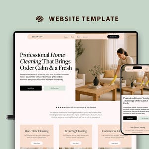 May include: A website template design displayed on a laptop and smartphone. The website features the text "Professional Home Cleaning That Brings Order Calm & a Fresh." The design includes images of a person cleaning a living room.