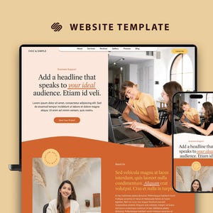 May include: A website template design with a laptop and smartphone mockup. The design features an orange and white color scheme with the text "WEBSITE TEMPLATE" and "Add a headline that speaks to your ideal audience."
