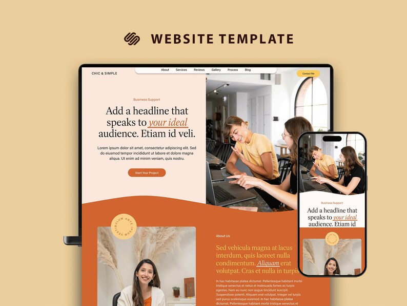 May include: A website template design with a laptop and smartphone mockup. The design features an orange and white color scheme with the text "WEBSITE TEMPLATE" and "Add a headline that speaks to your ideal audience."