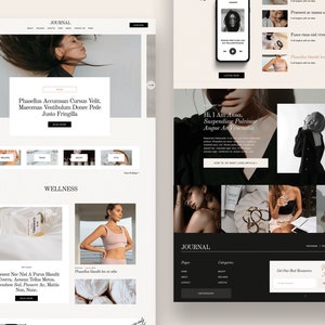 May include: A website homepage for a wellness and lifestyle blog called "Journal". The website features a black and white photo of a woman with long hair, a photo of a bottle of perfume, and a photo of a woman wearing a sports bra. The website also includes a section called "Wellness" and a section called "Journal".