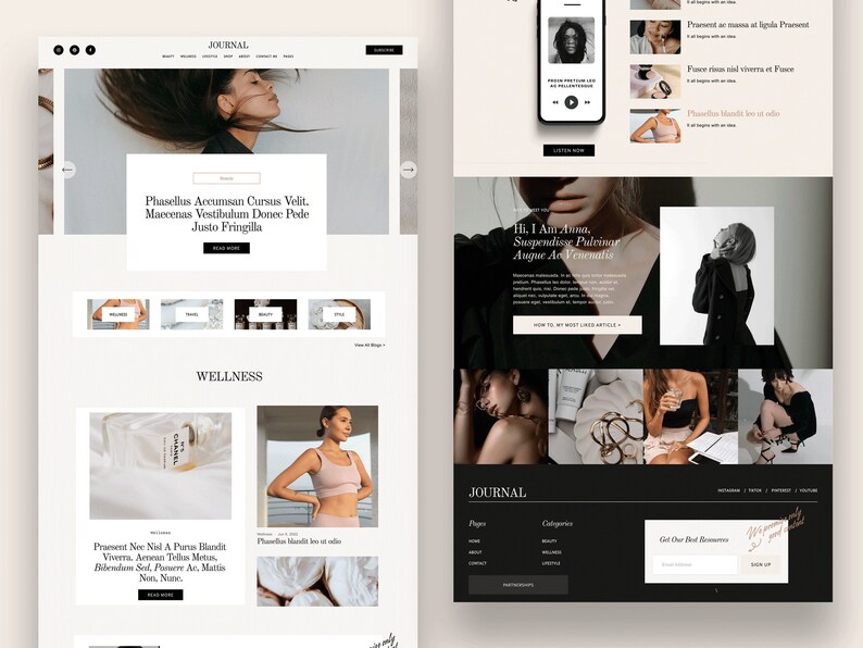 May include: A website homepage for a wellness and lifestyle blog called "Journal". The website features a black and white photo of a woman with long hair, a photo of a bottle of perfume, and a photo of a woman wearing a sports bra. The website also includes a section called "Wellness" and a section called "Journal".
