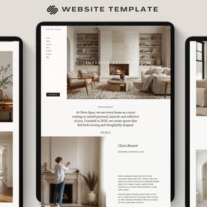 May include: A website template displayed on three tablets. The template features a minimalist design with images of interior design spaces. The text "WEBSITE TEMPLATE" is at the top, and the text "INTERIOR DESIGN STUDIO" is visible.