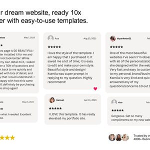 May include: Image showcasing customer testimonials for website templates. The text reads: "Your dream website, ready 10x faster with easy-to-use templates." Reviews highlight ease of use, beautiful design, and excellent customer service. Trusted by over 4000+ businesses.