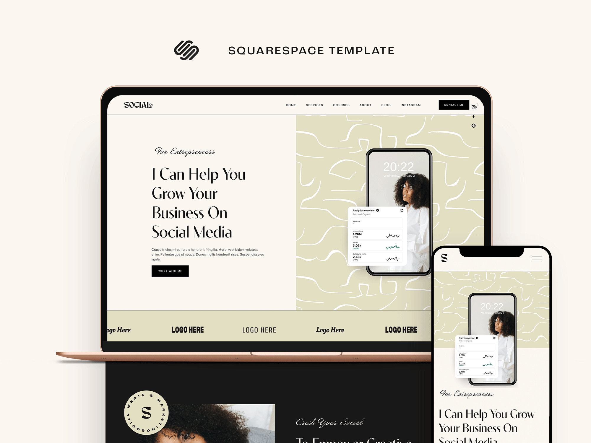 Squarespace website design templates | personal simple website template | Boho Portfolio Social Media Manager | Content creator blogger