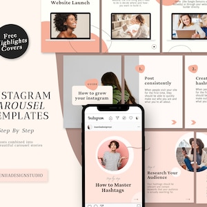 Può includere: Un set di modelli di carosello Instagram per promuovere il lancio di un sito web. I modelli presentano uno schema di colori rosa e bianco con un design moderno. Il testo sui modelli include "Lancio del sito web", "Come far crescere il tuo Instagram", "Pubblicare in modo coerente", "Creatività con l'hashtag", "Ricerca il tuo pubblico", e "Ricerca i tuoi concorrenti".