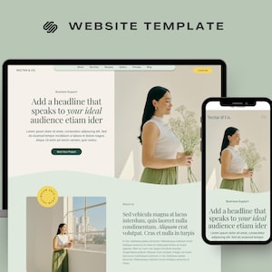 Könnte beinhalten: Ein Website-Template-Design, das auf einem Laptop und Smartphone angezeigt wird. Das Design zeigt eine Frau, die Blumen hält, mit dem Text "Add a headline that speaks to your ideal audience etiam ider."
