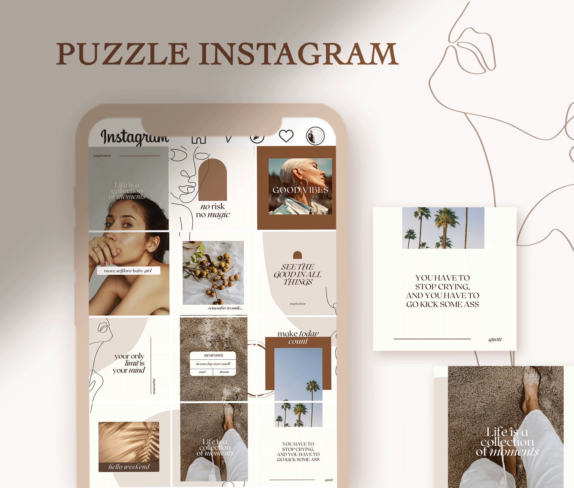 Boho Instagram Puzzle Grid Feed Template| Modern Canva Social Media ...