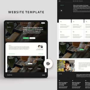May include: Website template design with a black and white colour scheme. The template features a header with the text "Website Template" and a navigation bar with the text "Our Services". The main content area features a large image of a person working on a laptop, with text overlayed on the image. The footer features a call to action with the text "Learn More".
