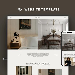 May include: A website template shown on a laptop and a smartphone. The website showcases interior design images, with the text "WEBSITE TEMPLATE" at the top. The website's name is "CALISTA". The smartphone displays the mobile version of the website.