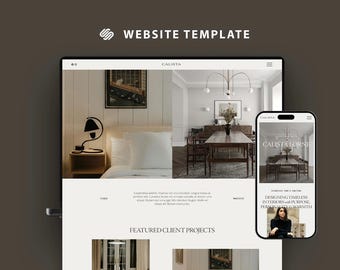 May include: A website template displayed on a laptop and smartphone. The website features interior design images, with the text "WEBSITE TEMPLATE" at the top. The website's name is "CALISTA". The smartphone displays the website's mobile version.