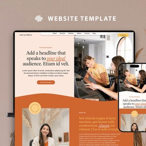 May include: A website template displayed on a laptop and smartphone. The design features an orange and white color scheme with the text "WEBSITE TEMPLATE" at the top. The laptop screen shows a website layout with the text "Add a headline that speaks to your ideal audience."