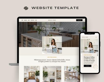 Op de afbeelding: Een website template weergegeven op een laptop en smartphone. De website heeft een vastgoedthema met de tekst "WEBSITE TEMPLATE" bovenaan. De website bevat de tekst "LET'S SELL your HOME" en "NATALIE JAMES".