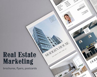 May include: A set of real estate marketing brochures, flyers, and postcards. The brochures feature a modern house with a city skyline in the background. The text on the brochure reads "Modern House" and "234 Land St, New York, NY".