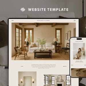 Pode incluir: Um design de modelo de site exibido em um tablet e smartphone. O tablet mostra um layout de design de interiores de sala de estar com o texto "WHITNEY CLARKE". O smartphone exibe um design de interiores semelhante com o texto "WHITNEY CLARKE". As palavras "WEBSITE TEMPLATE" estão no topo.