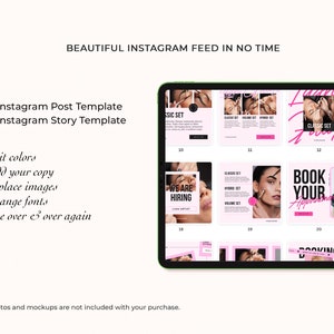 May include: A digital tablet screen displaying a collection of 65 Instagram post and story templates for a beauty salon or lash technician. The templates feature pink and black color schemes with text such as "Classic Set", "Volume Set", "Hybrid Set", "Book Your Appointment", and "Give Away".