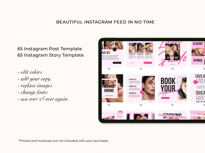 May include: A digital tablet screen displaying a collection of 65 Instagram post and story templates for a beauty salon or lash technician. The templates feature pink and black color schemes with text such as "Classic Set", "Volume Set", "Hybrid Set", "Book Your Appointment", and "Give Away".