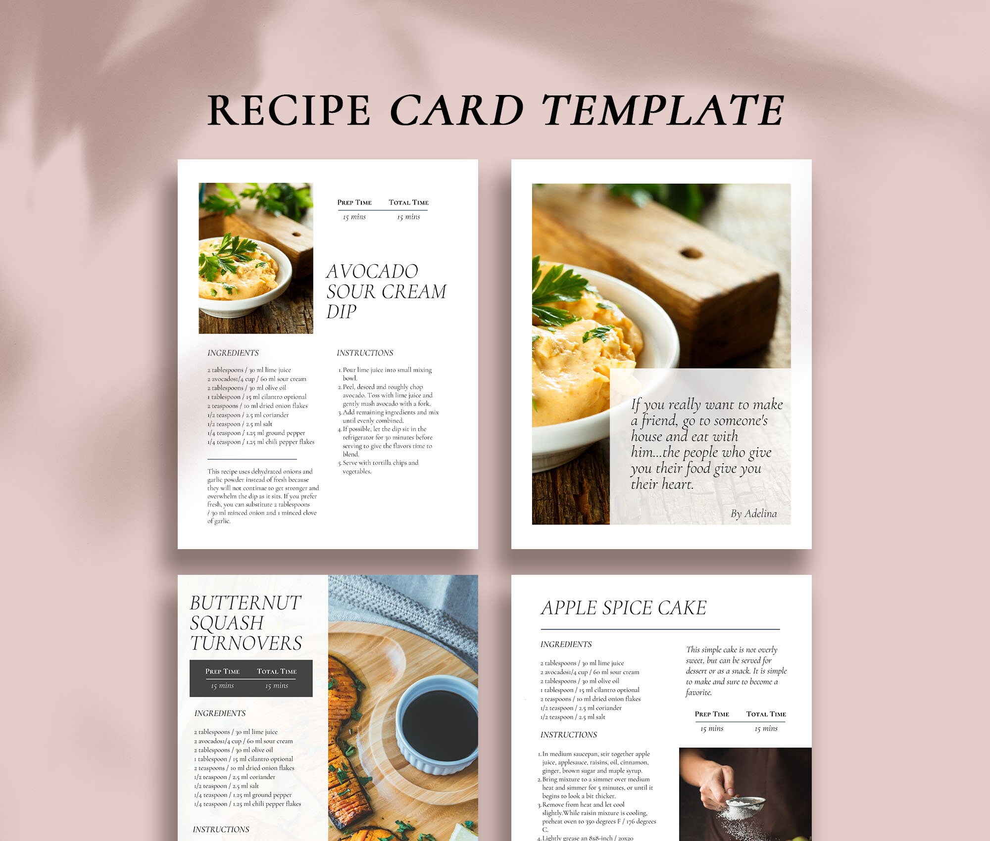 4 in 1 Recipe Card Template Canva Customizable Family Cookbook Cards ...