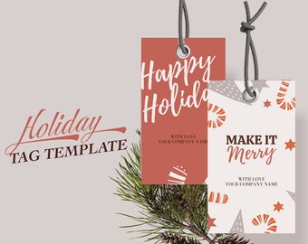 May include: Two holiday gift tags with red and white candy cane and star designs. The first tag says "Happy Holidays" with the text "With Love Your Company Name" below. The second tag says "Make It Merry" with the text "With Love Your Company Name" below.