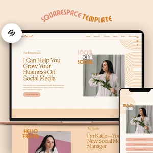 May include: A website mockup for a social media manager, featuring a woman in a white shirt holding a bouquet of white flowers. The website has a light pink background with a brown and white geometric pattern. The text on the website reads "I Can Help You Grow Your Business On Social Media" and "The Founder - I'm Katie - Your New Social Media Manager".