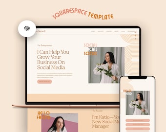 May include: A website mockup for a social media manager, featuring a woman in a white shirt holding a bouquet of white flowers. The website has a light pink background with a brown and white geometric pattern. The text on the website reads "I Can Help You Grow Your Business On Social Media" and "The Founder - I'm Katie - Your New Social Media Manager".