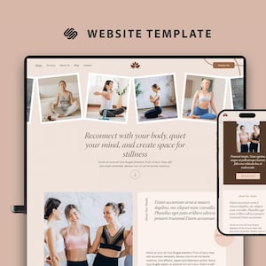 Puede incluir: Una plantilla de sitio web que se muestra en una computadora portátil y un teléfono inteligente. El sitio web presenta imágenes de mujeres practicando yoga, con el texto "Reconecta con tu cuerpo, calma tu mente y crea espacio para la quietud."