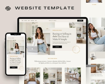 Op de afbeelding: Een website templates ontwerp weergegeven op een tablet en smartphone. Het ontwerp heeft een onroerend goed thema met de tekst "WEBSITE TEMPLATE" en "NATALIE JAMES". De website toont afbeeldingen en tekst, waaronder de zin "Buying or Selling in Austin? I'm Here to Make It Simple."