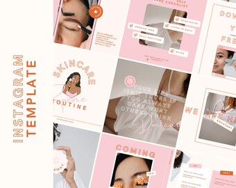 Op de afbeelding: Een verzameling roze en crèmekleurige Instagram-sjablonen met thema's over schoonheid en zelfzorg. De sjablonen bevatten tekst zoals "Skincare Routine", "Self Care Checklist" en "Coming". Het ontwerp is modern en vrouwelijk.