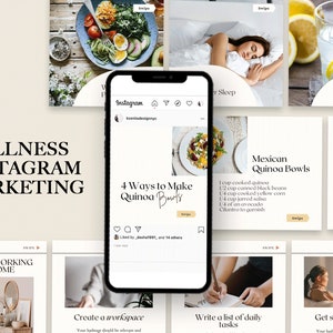 Op de afbeelding: Wellness Instagram marketingtips voor thuiswerken, waaronder het creëren van een werkplek, het opstellen van een lijst met dagelijkse taken en afstand nemen. De afbeelding bevat ook vier manieren om quinoa-kommen te maken, waaronder Mexicaanse quinoa-kommen en superfood quinoa-kommen.