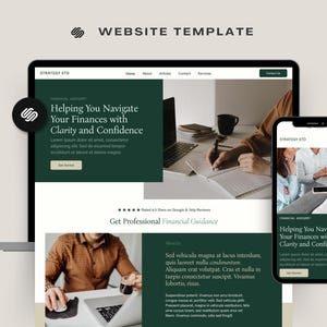 May include: A website template displayed on a laptop and smartphone. The website design features a dark green and white color scheme with the text "Helping You Navigate Your Finances with Clarity and Confidence."