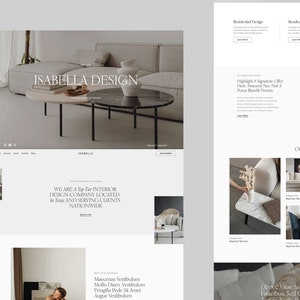 K&ouml;nnte beinhalten: Die Homepage von Isabella Design, einem Innenarchitektur-Unternehmen. Die Website zeigt ein Foto eines Wohnzimmers mit einem Sofa, einem Couchtisch und Pflanzen. Der Text "Isabella Design" wird in gro&szlig;er Schrift oben auf der Seite angezeigt. Die Website enth&auml;lt auch einen Abschnitt namens "On The Journal" mit Fotos verschiedener Innenarchitekturprojekte.