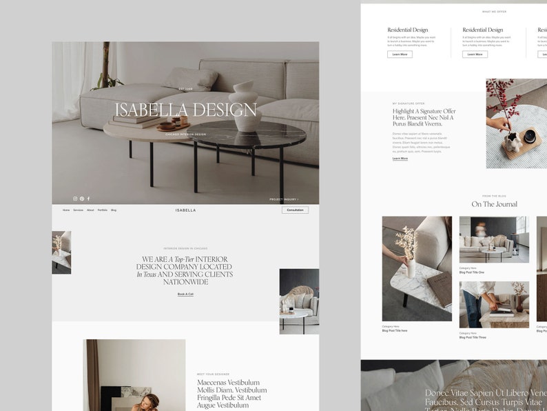 K&ouml;nnte beinhalten: Die Homepage von Isabella Design, einem Innenarchitektur-Unternehmen. Die Website zeigt ein Foto eines Wohnzimmers mit einem Sofa, einem Couchtisch und Pflanzen. Der Text "Isabella Design" wird in gro&szlig;er Schrift oben auf der Seite angezeigt. Die Website enth&auml;lt auch einen Abschnitt namens "On The Journal" mit Fotos verschiedener Innenarchitekturprojekte.
