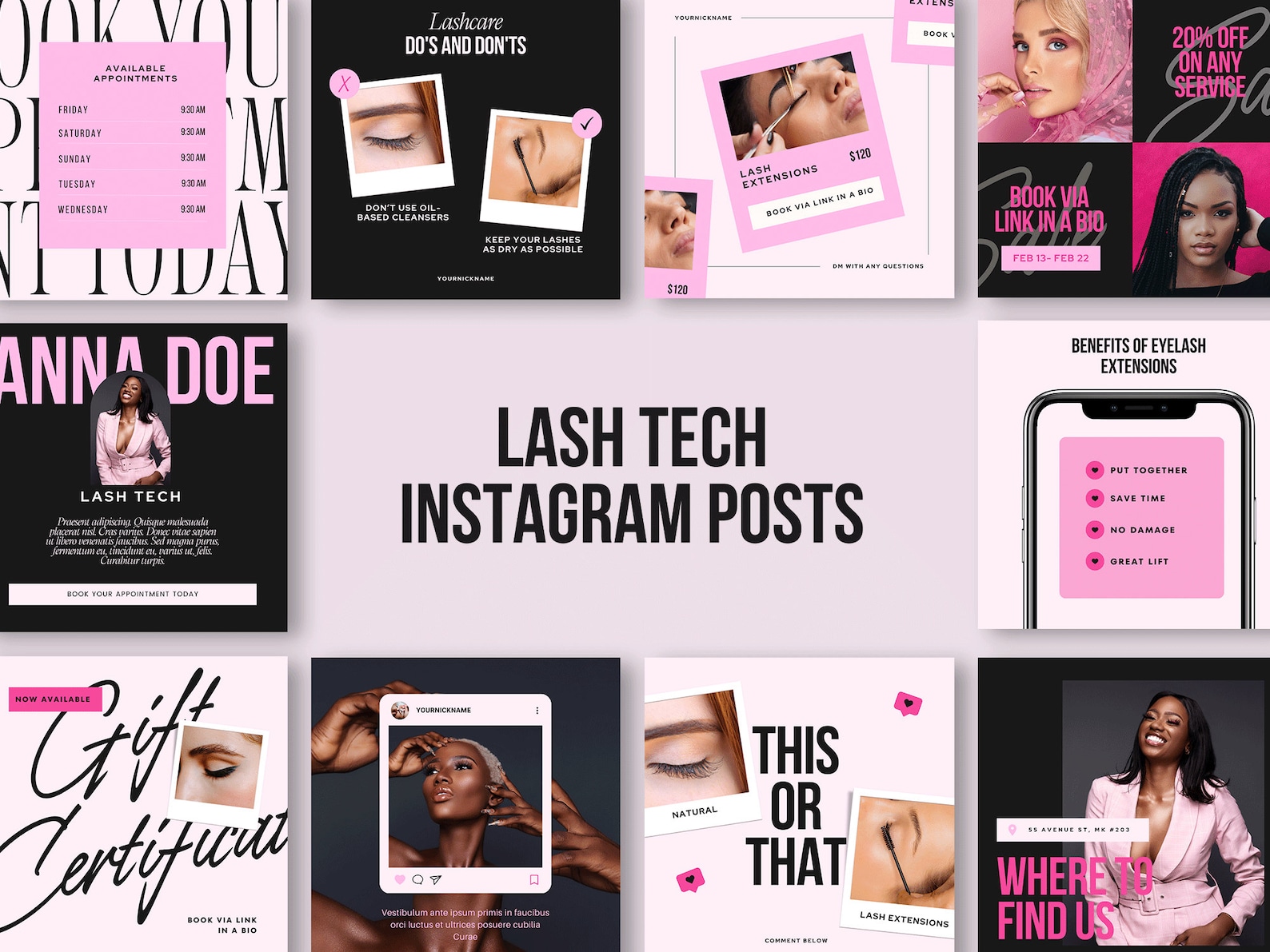 Pink Lash Tech Instagram Post Templates, Lash Artist Canva Template