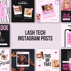 May include: A collection of Instagram post templates for a lash technician. The posts feature pink and black color schemes with images of eyelashes, a phone screen with a list of benefits of eyelash extensions, and a woman with long eyelashes. The text on the posts includes "Lash Tech", "Lash Extensions", "Benefits of Eyelash Extensions", and "Where to Find Us".